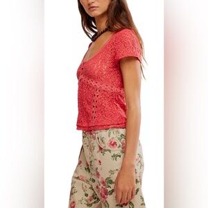 Free People Claro Lace Tee NWOT aged coral